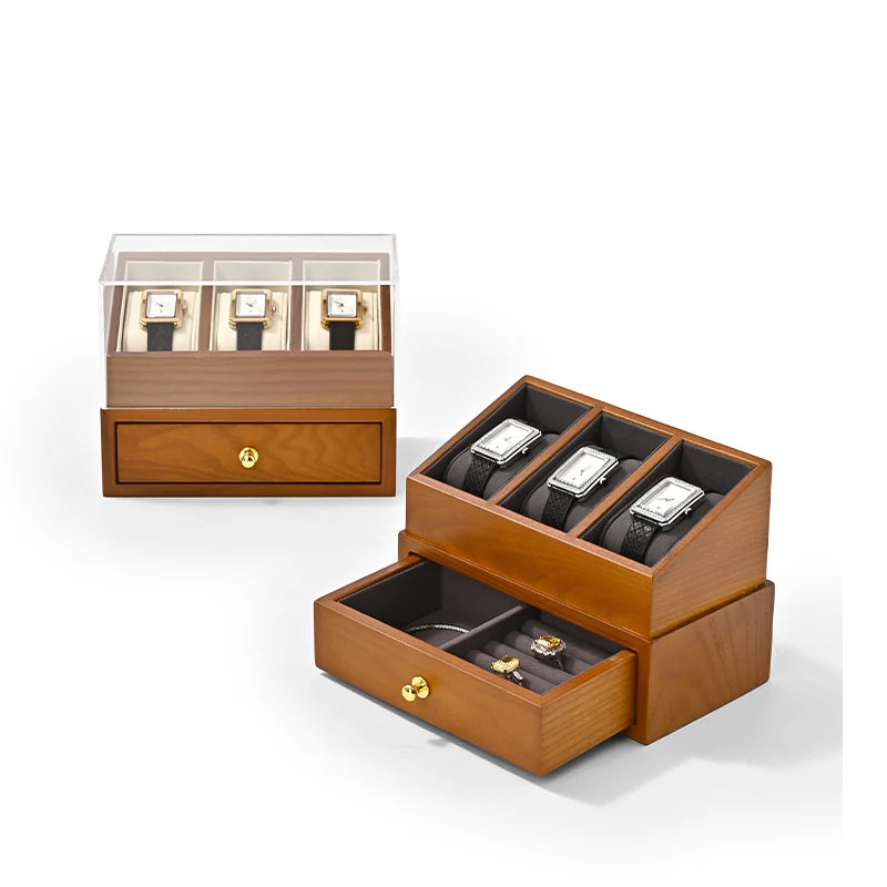 OIRLV Multifunctional Solid Wood Watch Storage Box Household Transparent Microfiber Watch Display Case X073
