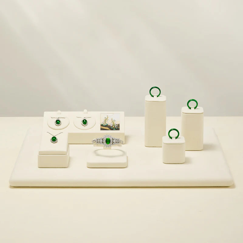 Beige Microfiber Ring Earring Necklace Watch Jewelry Display Set TT196