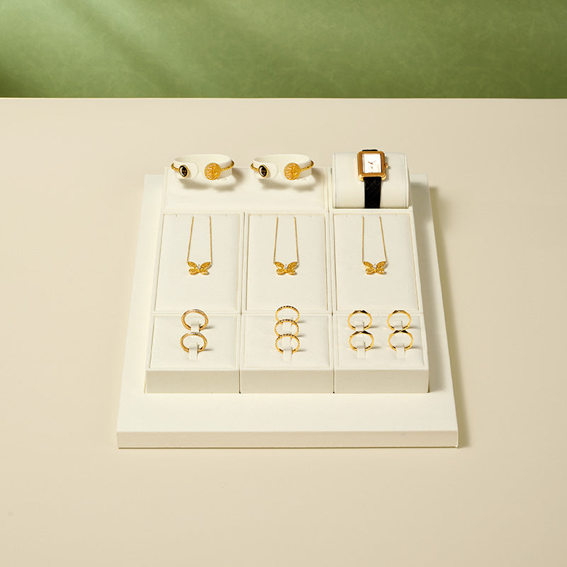 Beige Microfiber Ring Necklace Jewelry Display Set TT168