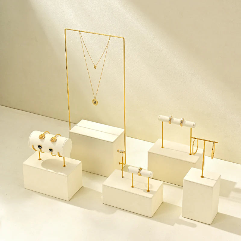 Beige Microfiber Ring Earring Necklace Jewelry Display Set TT473