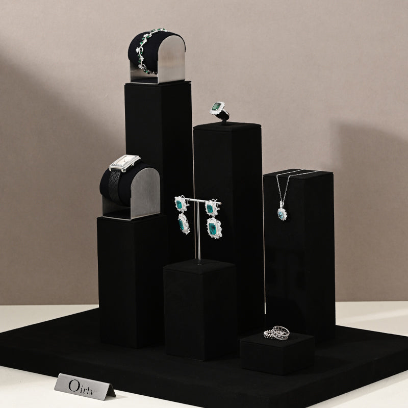 Black Microfiber Earrings Ring Necklace Jewelry Display Set TT185