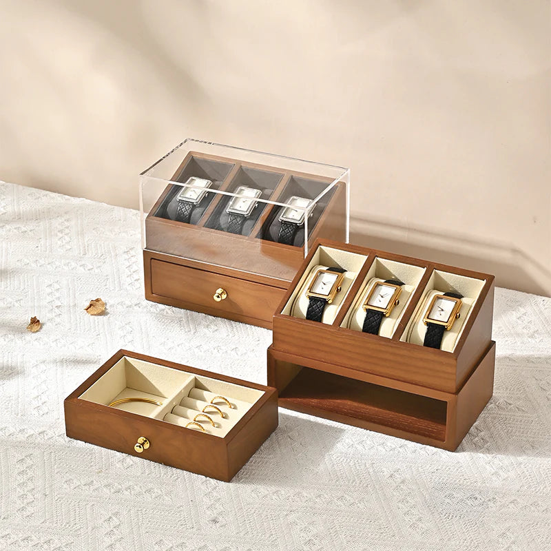 OIRLV Multifunctional Solid Wood Watch Storage Box Household Transparent Microfiber Watch Display Case X073