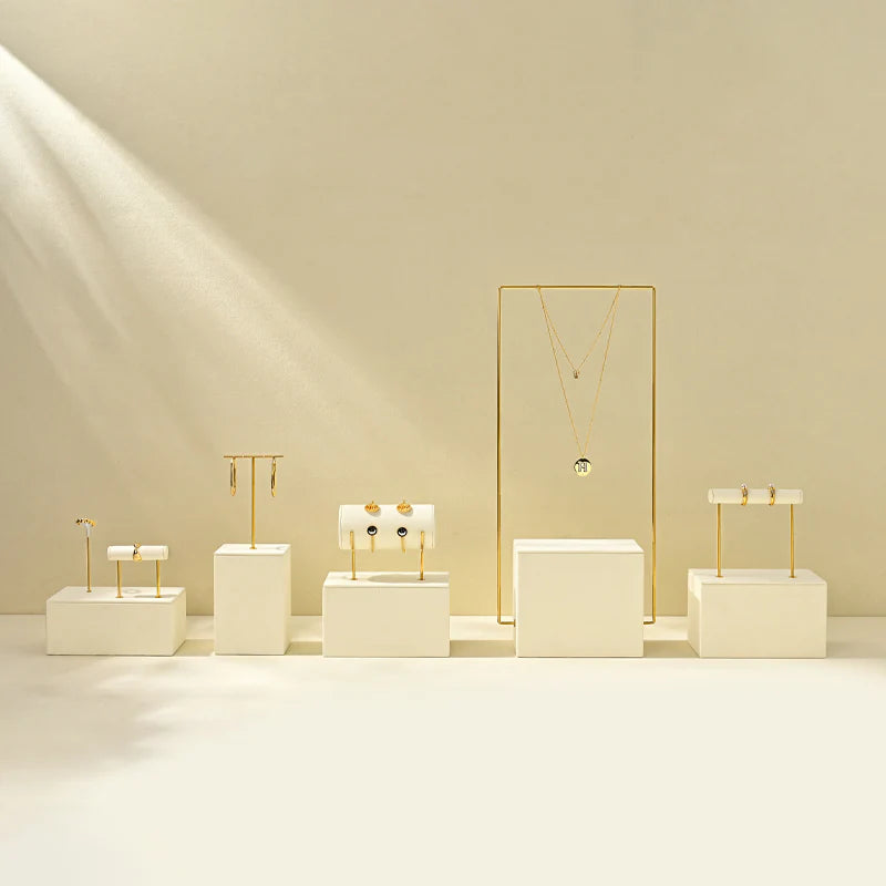 Beige Microfiber Ring Earring Necklace Jewelry Display Set TT473