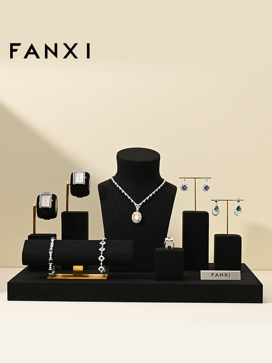 Black Microfiber Ring Necklace Watch Jewelry Display Set TT192