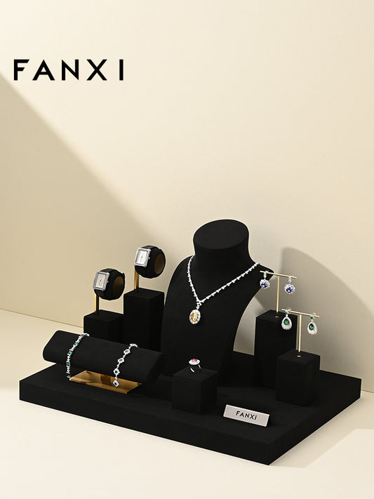 Black Microfiber Ring Necklace Watch Jewelry Display Set TT192