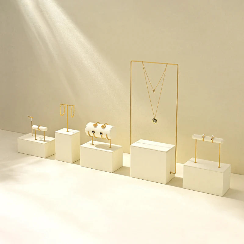 Beige Microfiber Ring Earring Necklace Jewelry Display Set TT473