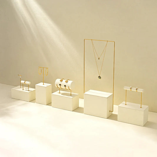 Beige Microfiber Ring Earring Necklace Jewelry Display Set TT473