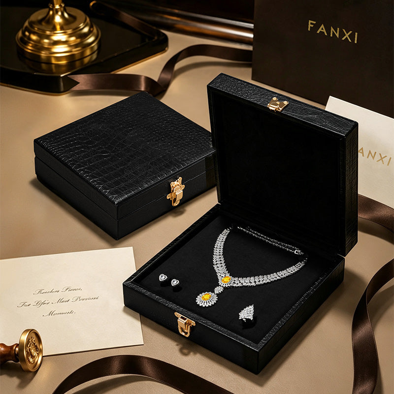 OIRLV Luxury Black Leather Velvet Jewelry Box