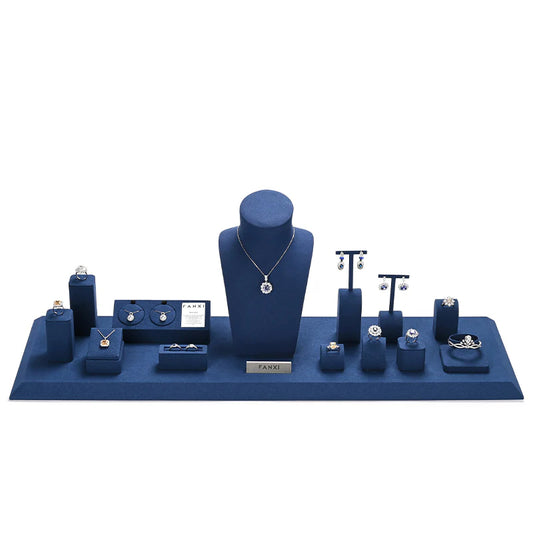 Blue Microfiber Ring Earring Necklace Jewelry Display Set TT310