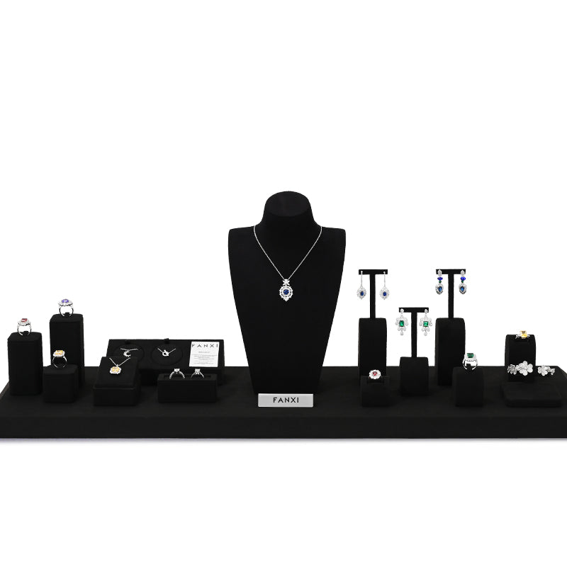 Black Microfiber Ring Earring Necklace Watch Jewelry Display Set TT195