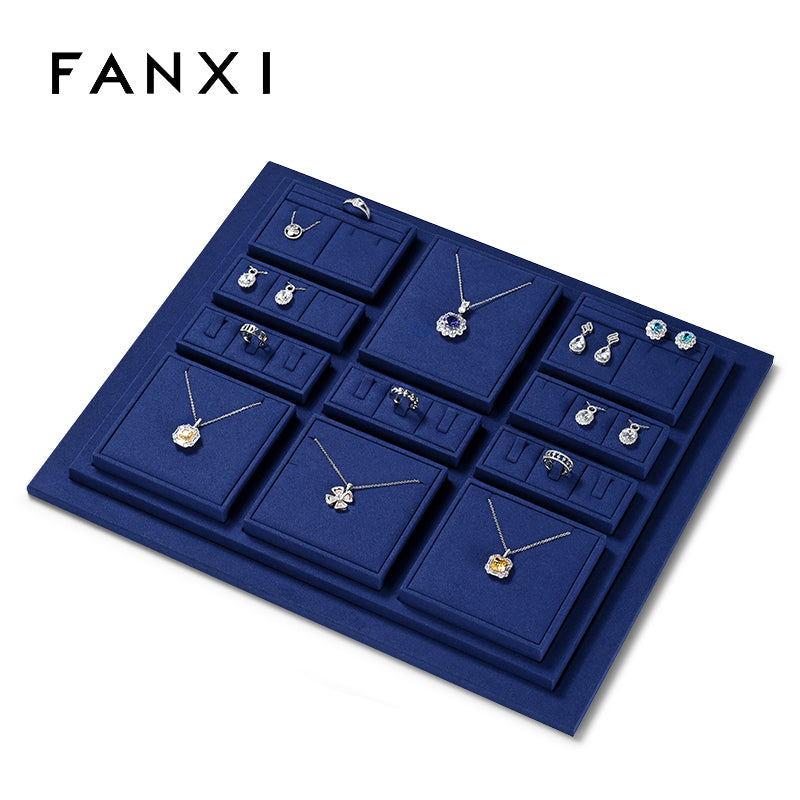 OIRLV luxury wooden jewelry display set with blue microfiber:TT270