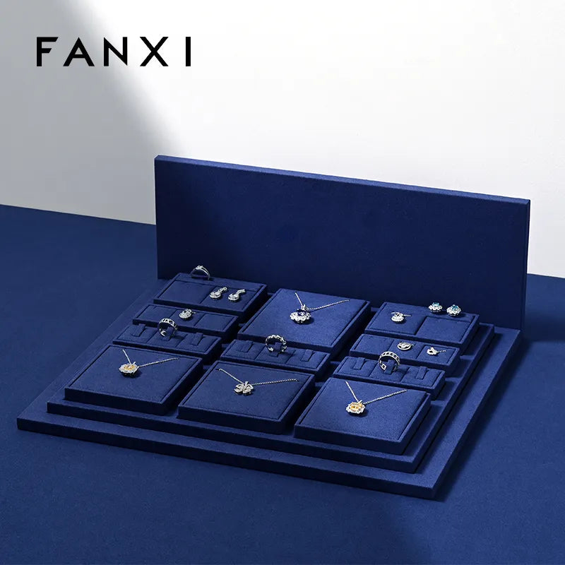 OIRLV luxury wooden jewelry display set with blue microfiber:TT270