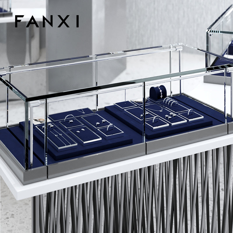 OIRLV new arrival blue microfiber jewelry exhibitor with smoonth matel ：JS113