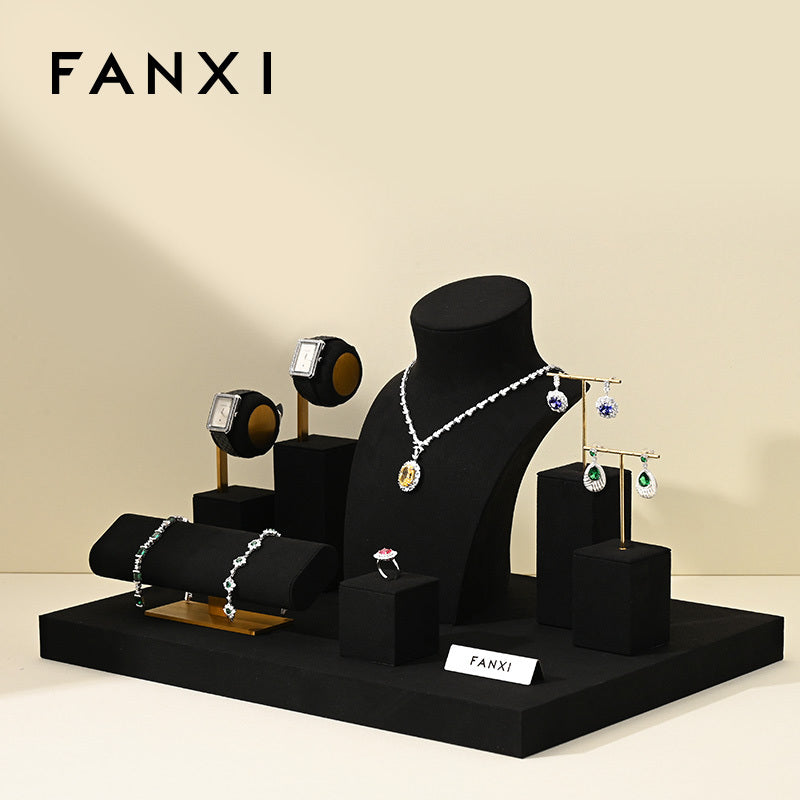 Black Microfiber Ring Necklace Watch Jewelry Display Set TT192