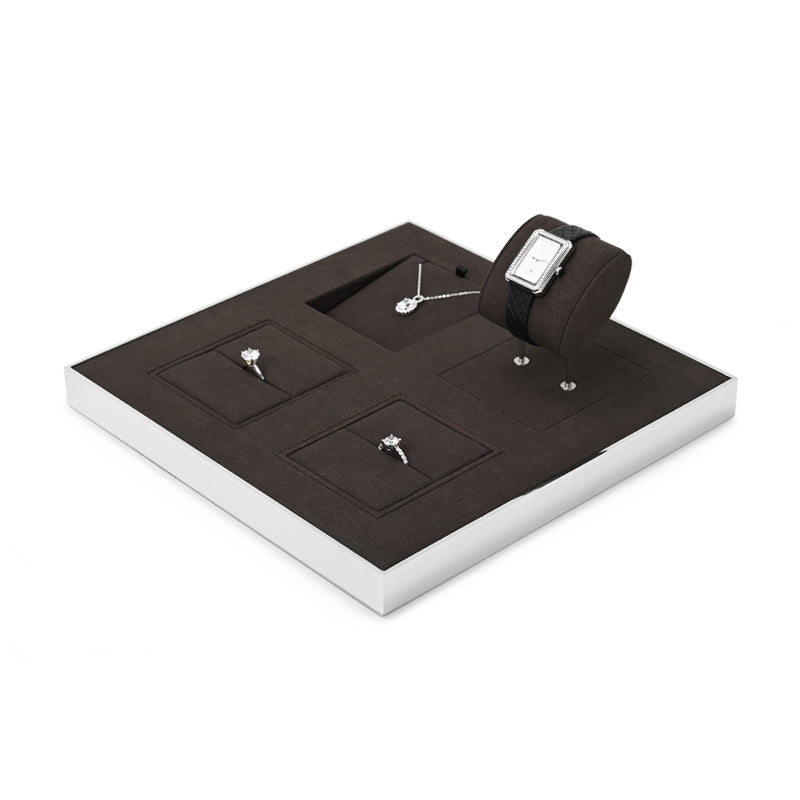OIRLV wholesale luxurious metal frame jewelry display with brown microfiber:JS096