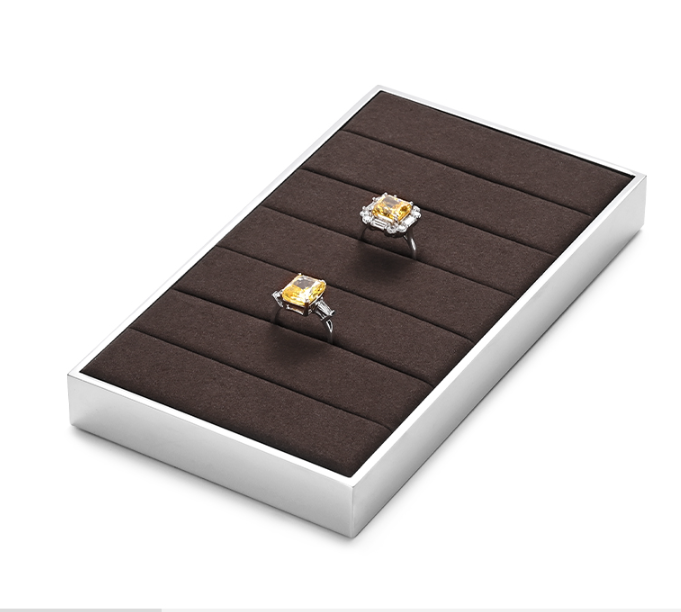 OIRLV luxury brown colour microfiber jewelry exhibitors with glossy metal ：JS112