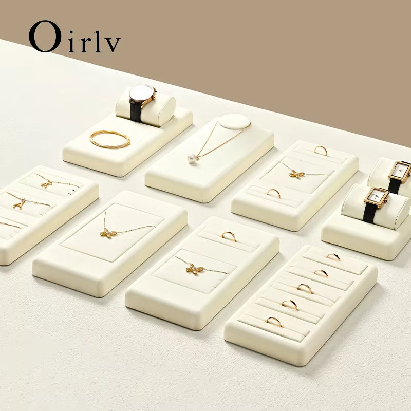 Oirlv Beige Jewelry Display Props Microfiber Jewelry Organizer Ring Necklace Watch Display Stand