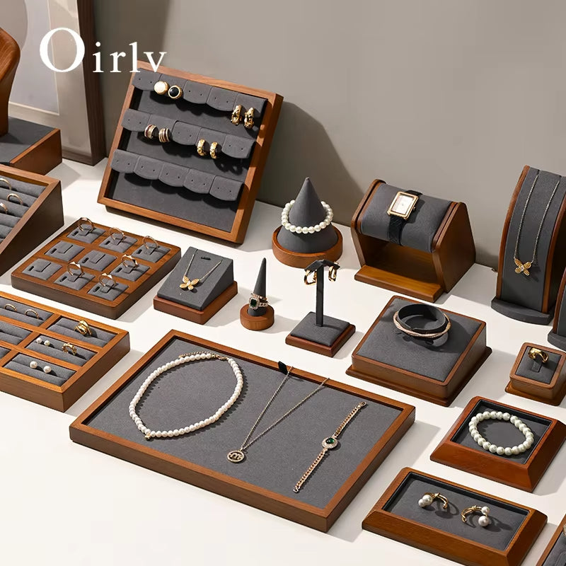 Orilv Wooden Jewelry Display Prop Gray Jewelry Organizer Ring Earring Pendant Storage Bracelet Watch Stand Counter Display Prop