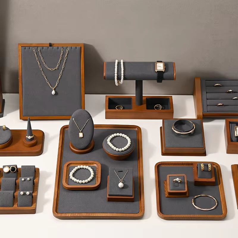 Orilv Wooden Jewelry Display Prop Gray Jewelry Organizer Ring Earring Pendant Storage Bracelet Watch Stand Counter Display Prop