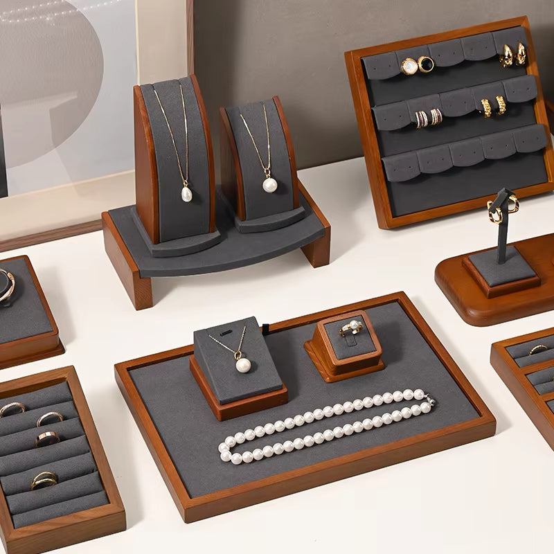 Orilv Wooden Jewelry Display Prop Gray Jewelry Organizer Ring Earring Pendant Storage Bracelet Watch Stand Counter Display Prop
