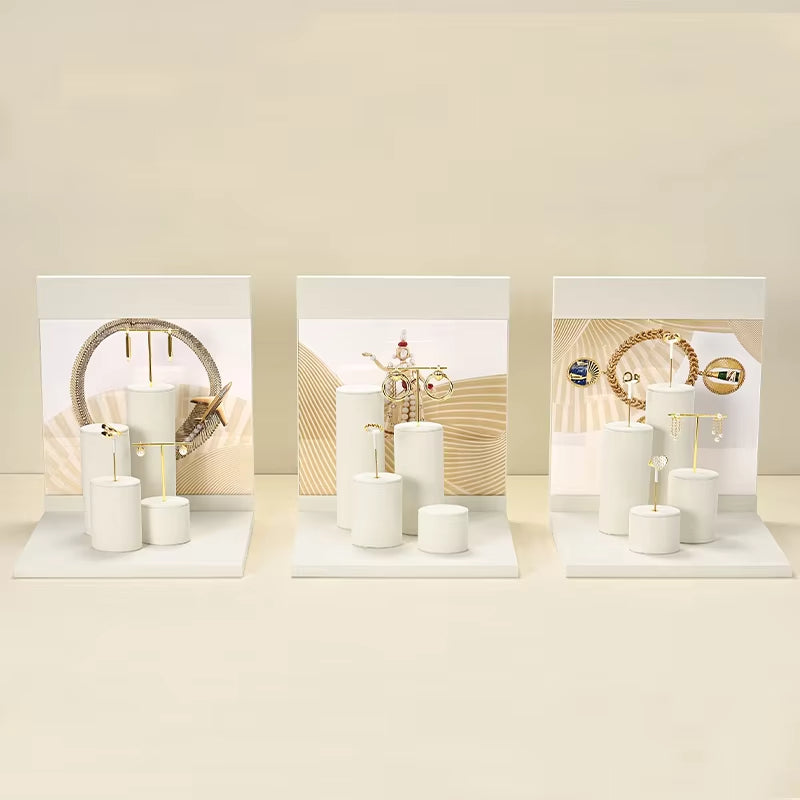White PU Leather Ring Earring Necklace Jewelry Display Set ：TT360