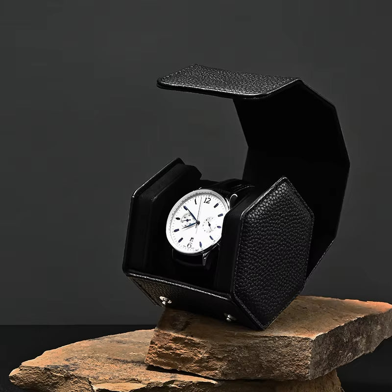 Oirlv Portable Watch Box Leather Watch Organizer Hexagon Watch Storage Box：B018