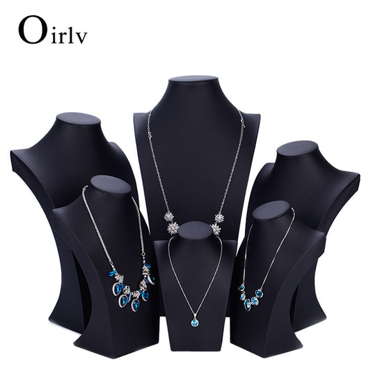 OIRLV Custom size Wooden Jewelry exhibitor Organizer for Pendant Showcase Black PU Leather Necklace Display Bust