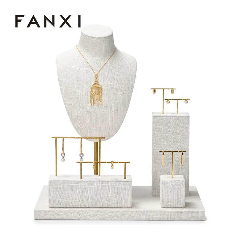 OIRLV factory metal frame beige linen jewelry display busts：TT286