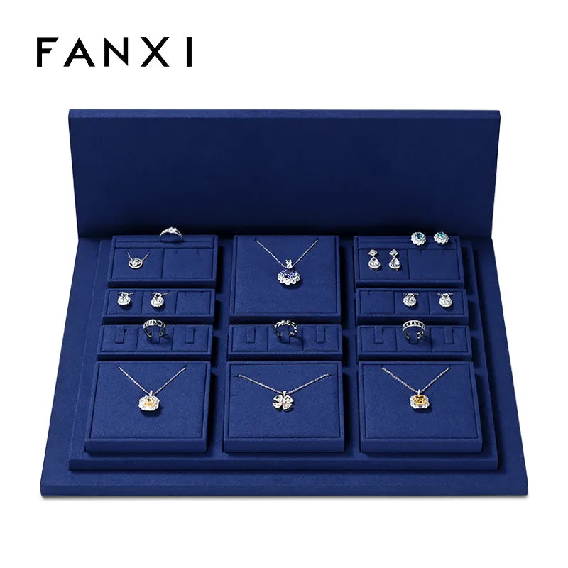OIRLV luxury wooden jewelry display set with blue microfiber:TT270