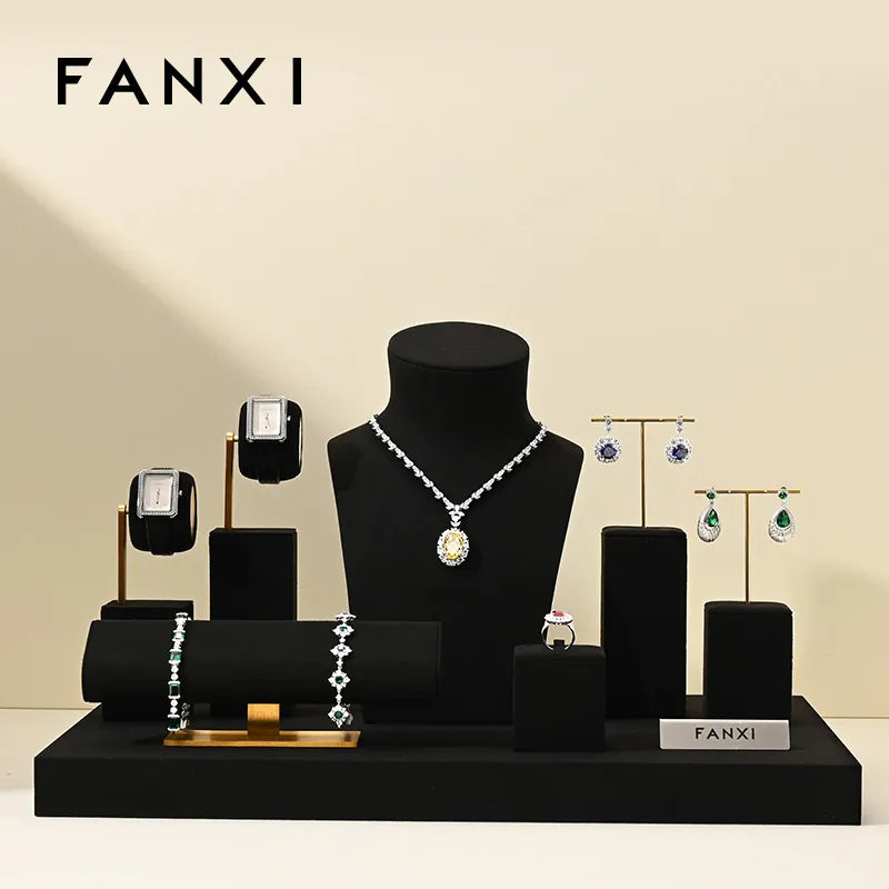 Black Microfiber Ring Necklace Watch Jewelry Display Set TT192