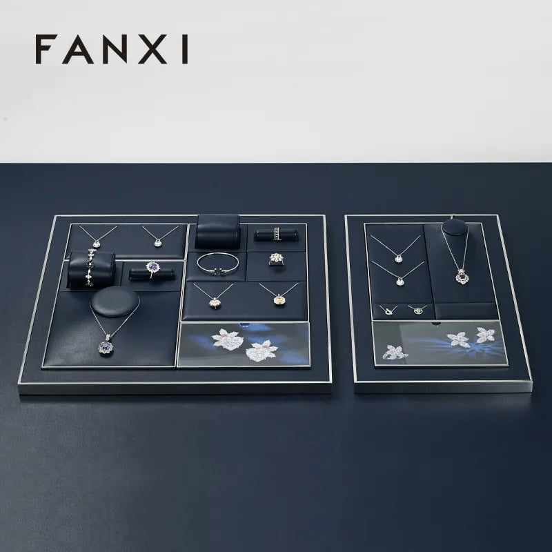 Oirlv high end Blue Leather metal jewelry display stand set TT321