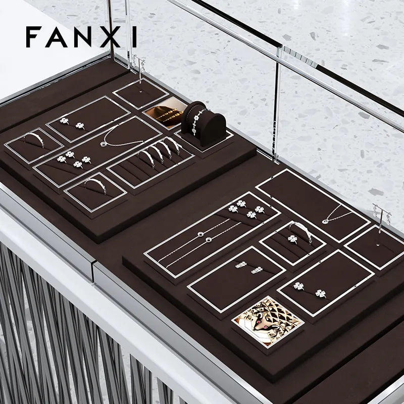 OIRLV luxury brown colour microfiber jewelry exhibitors with glossy metal ：JS112