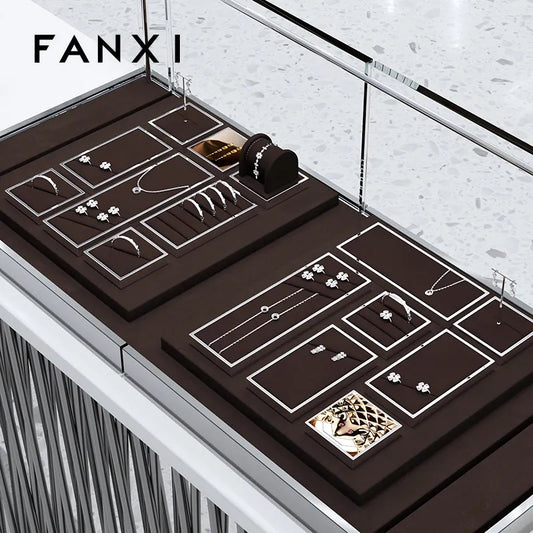 OIRLV luxury brown colour microfiber jewelry exhibitors with glossy metal ：JS112