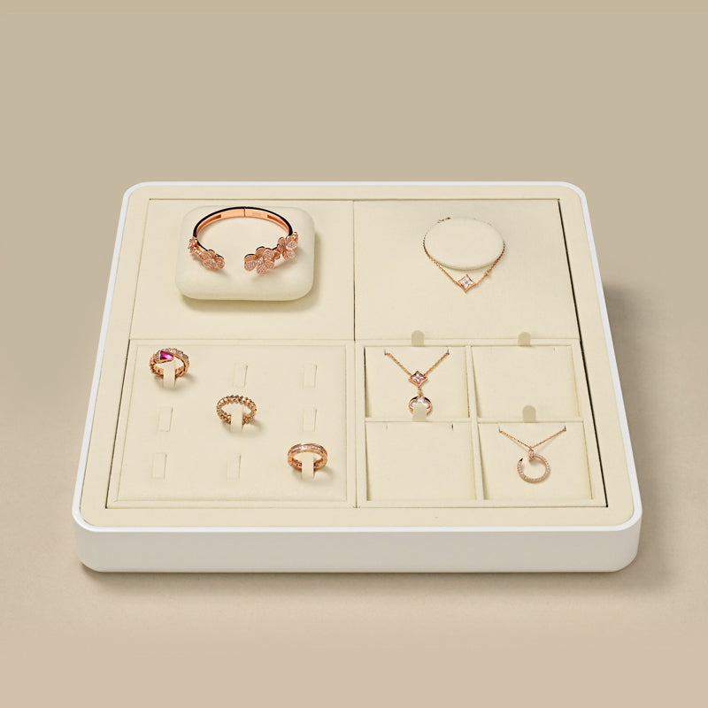 Luxury Microfiber Beige Ring Necklace Pendant Earring Display Tray P134