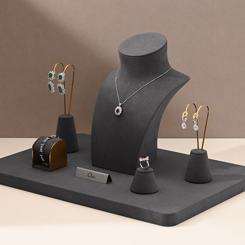 Gray Microfiber Ring Necklace Jewelry Display Set TT189